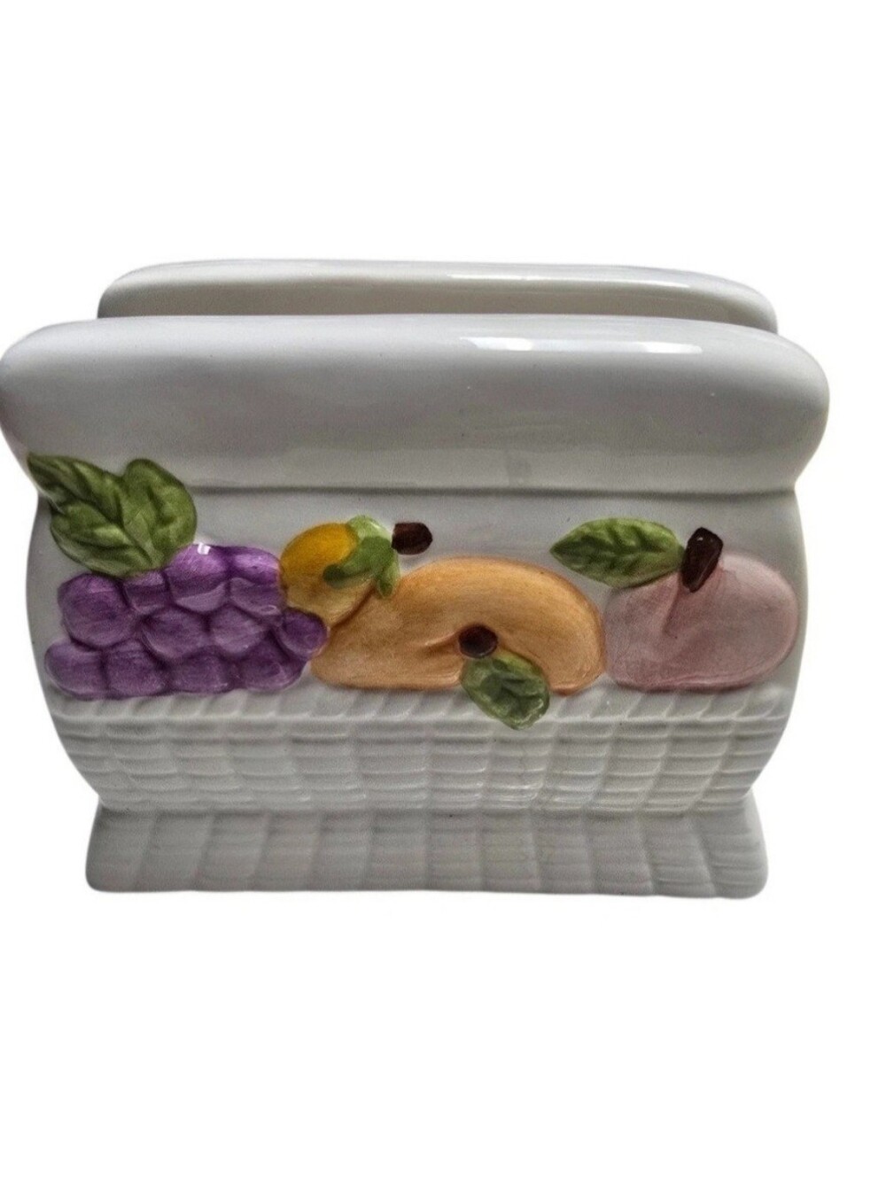 Vintage Ceramic Fruit Napkin Holder Basket Weave Farmhouse Kitchen Table Decor